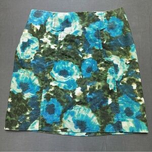 Anthropologie Blue & Green Floral Corduroy Lined Zipper Back Skirt Size 6